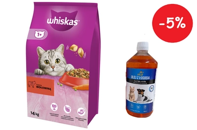 WHISKAS Adult 14kg + LAB V Lašišų aliejus šunims ir katėms 1000ml 5% pigiau