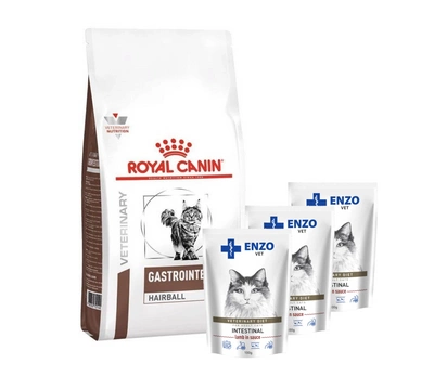 ROYAL CANIN Skin Hairball Gastrointestinal 2kg + ENZO VET Žarnynas su ėriena padaže katėms 3x100g