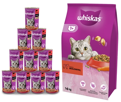 WHISKAS Adult 14kg - sausas kačių ėdalas su jautiena ir daržovėmis + WHISKAS Adult konservų dėžutė 10x400g