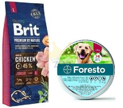 BRIT Premium By Nature Junior L 15kg+Foresto Antkaklis šunims virš 8kg