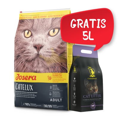 JOSERA Catelux 10kg + NEMOKAMAI Cat Royale Levandų bentonito kraikas 5l