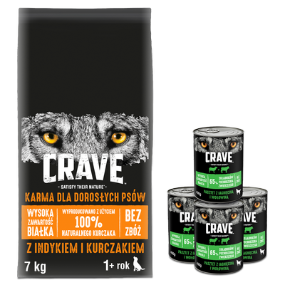 CRAVE - sausas ėdalas 7 kg + CRAVE™ Adult ėrienos ir jautienos ėdalas šunims 3x400g