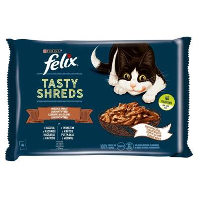 FELIX Tasty Shreds drėgnas kačių ėdalas su antiena ir kalakutiena padaže 4x80g