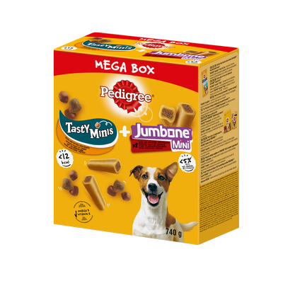 PEDIGREE® Mega Box Tasty Minis ir Jumbone™ Mini - skanėstai suaugusiems šunims (su vištienos, anties ir jautienos bei paukštienos skoniais) - 740g