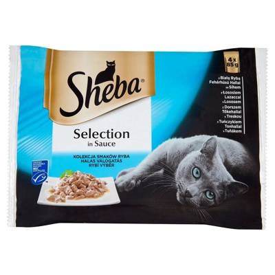 SHEBA paketėlis 4x85g "Selection in Sauce Fish Flavours" - drėgnas kačių maistas padaže (balta žuvis, lašiša, menkė, tunas)