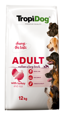 TROPIDOG Premium suaugusiems, vidutinių ir didelių veislių šunims- kalakutiena su ryžiais 12kg