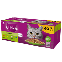 WHISKAS Adult paketėliai 40 x 85 g Mišrių skonių - drėgnas maistas suaugusioms katėms drebučiuose (su jautiena, vištiena, lašiša, tunu)